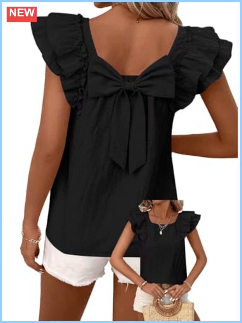 Womens Ruffle Sleeve Babydoll Vneck Bow Back Blouse